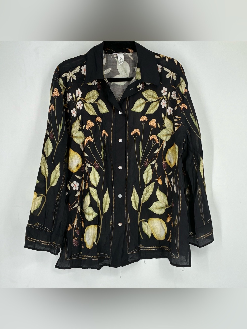 H&M Womens Medium Floral Fruit Button Long Sleeve Shirt Butterfly Fairy Euro